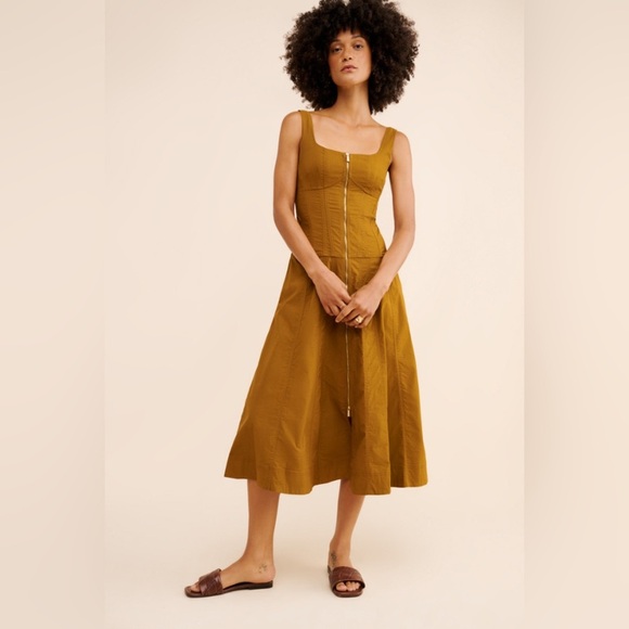 Anthropologie Sleeveless Zip-Front Belted Midi Dress Dark Yellow Utility Size XS - Picture 1 of 9